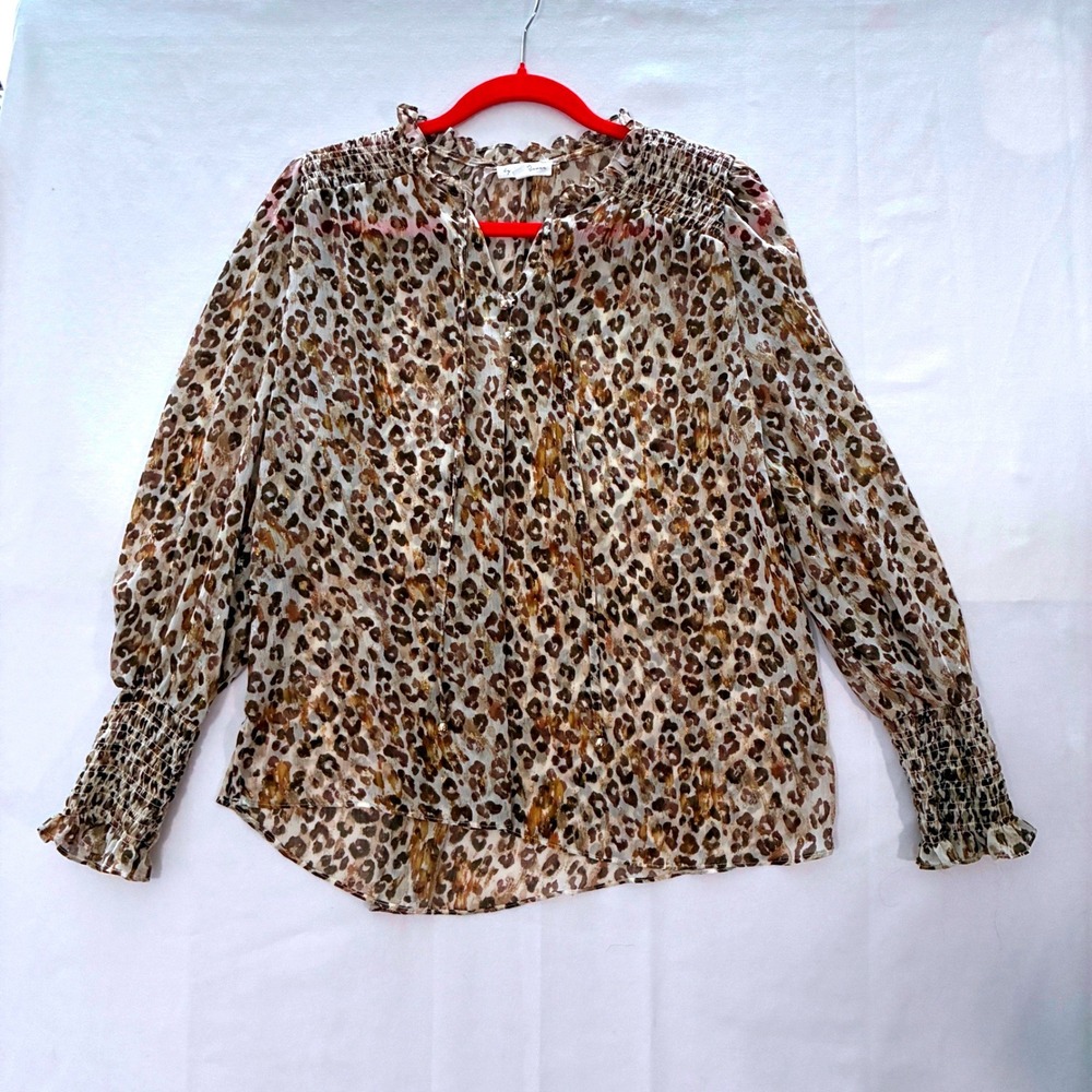By The River Top Womens Large Brown Leopard Metallic Sheer Smocked Cuff Flowy - Picture 2 of 10